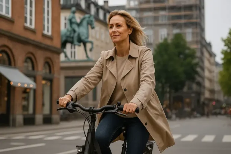 Kvinde der cykler på gaden i en by