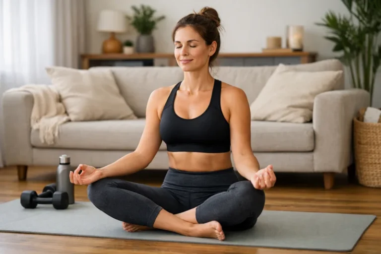 kvinde i 30'erne med sports bh der dyrker yoga hjemme i stuen